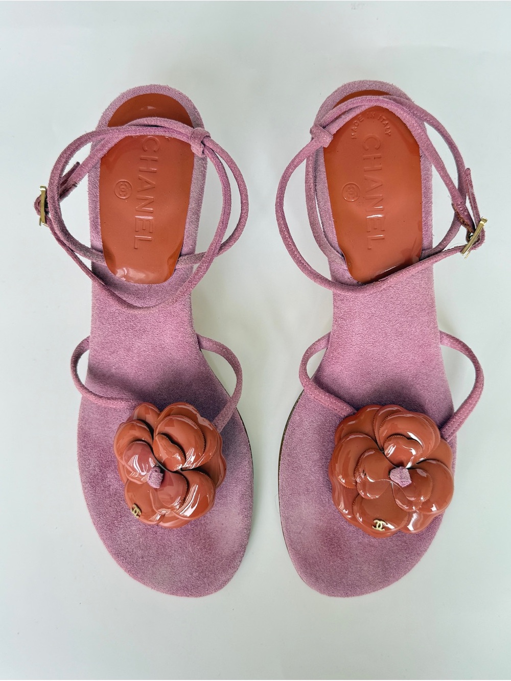 Authentic Chanel Camellia pink and red ankle strap heeled sandals, size 40